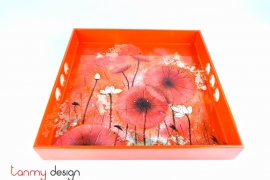 Orange square lacquer tray hand-painted with lotus 32 cm